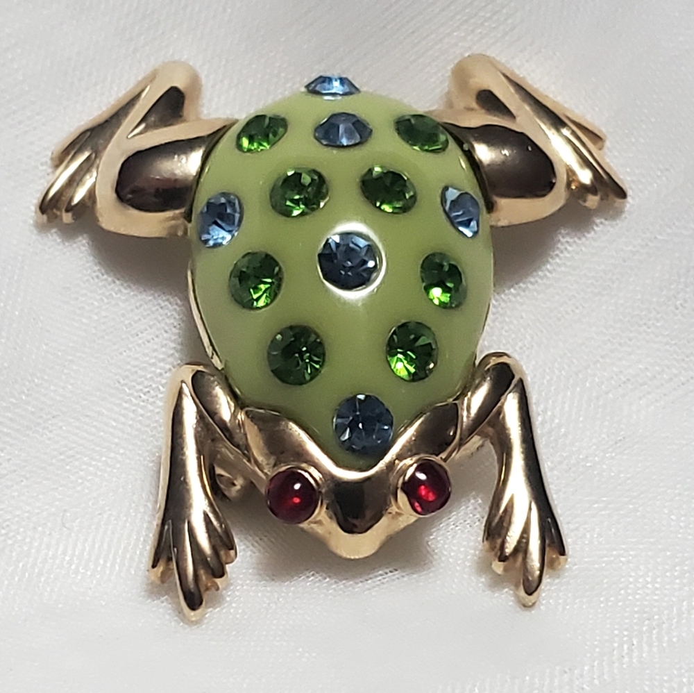 Vtg Leap Frog Goldtone Rhinestone Studded 2" Brooch Pin
